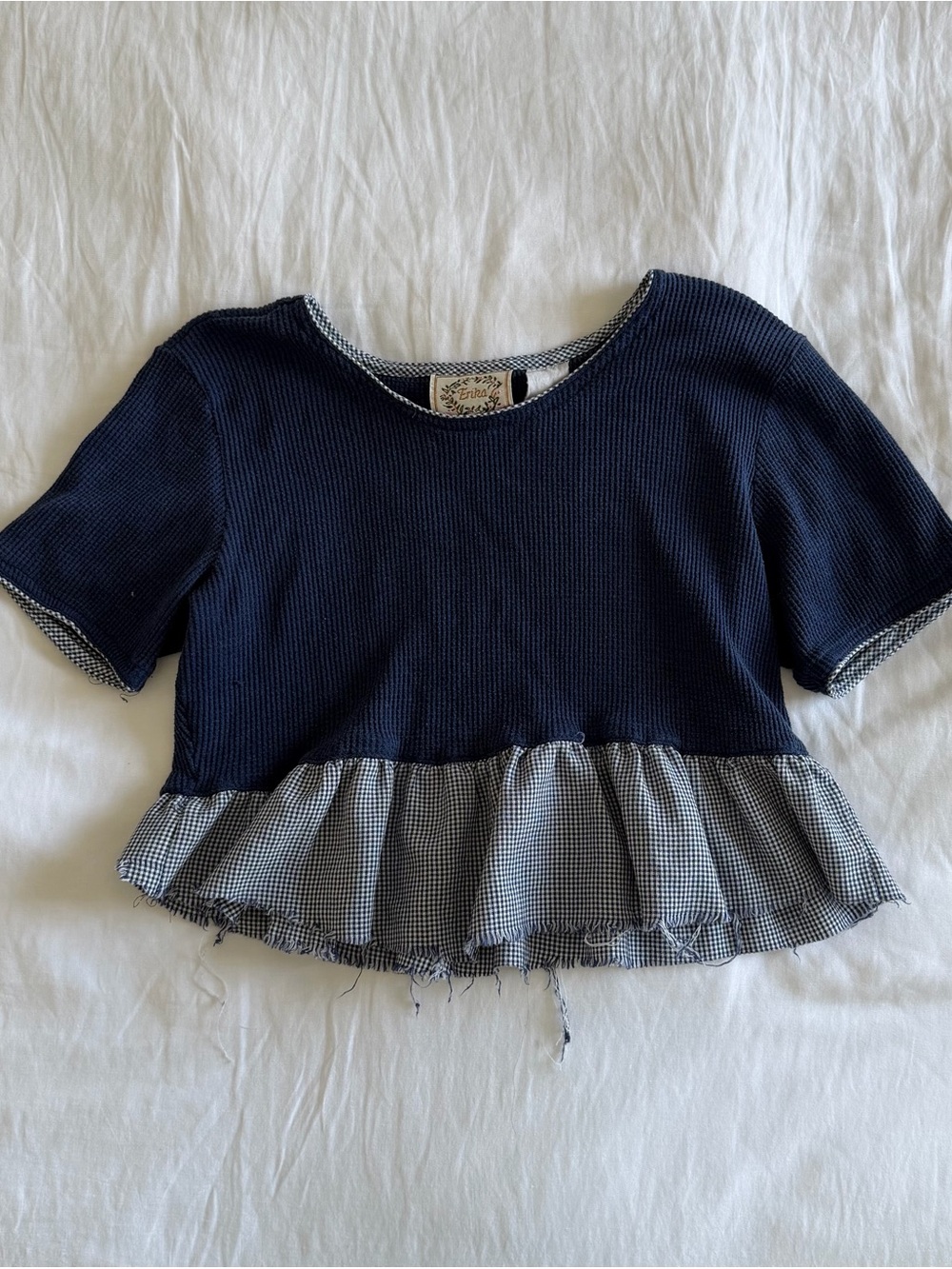 Cropped Peplum Gingham Short Sleeve Top
